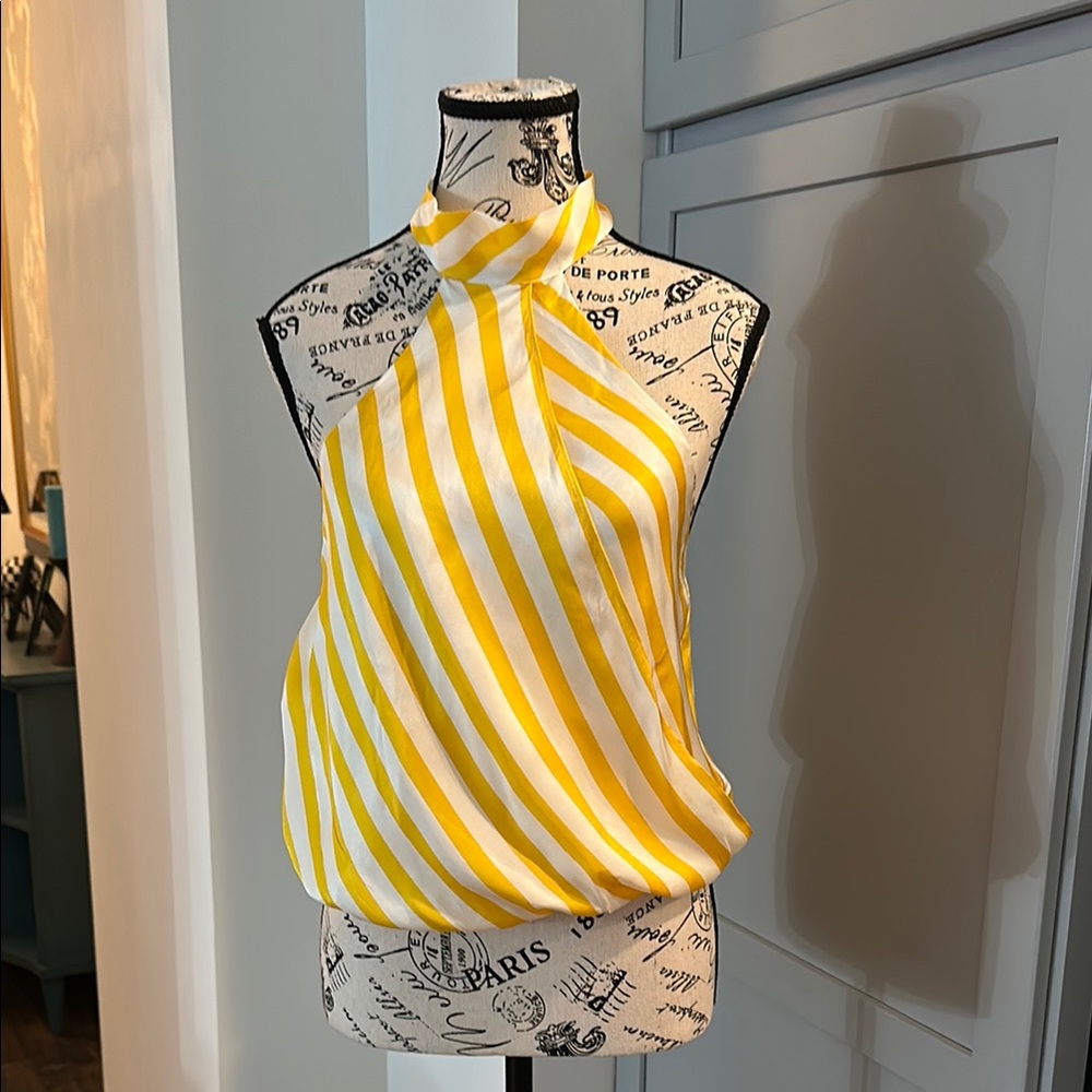 Cute Yellow and White Bubble Waist Halter Top by Maeve Size XS